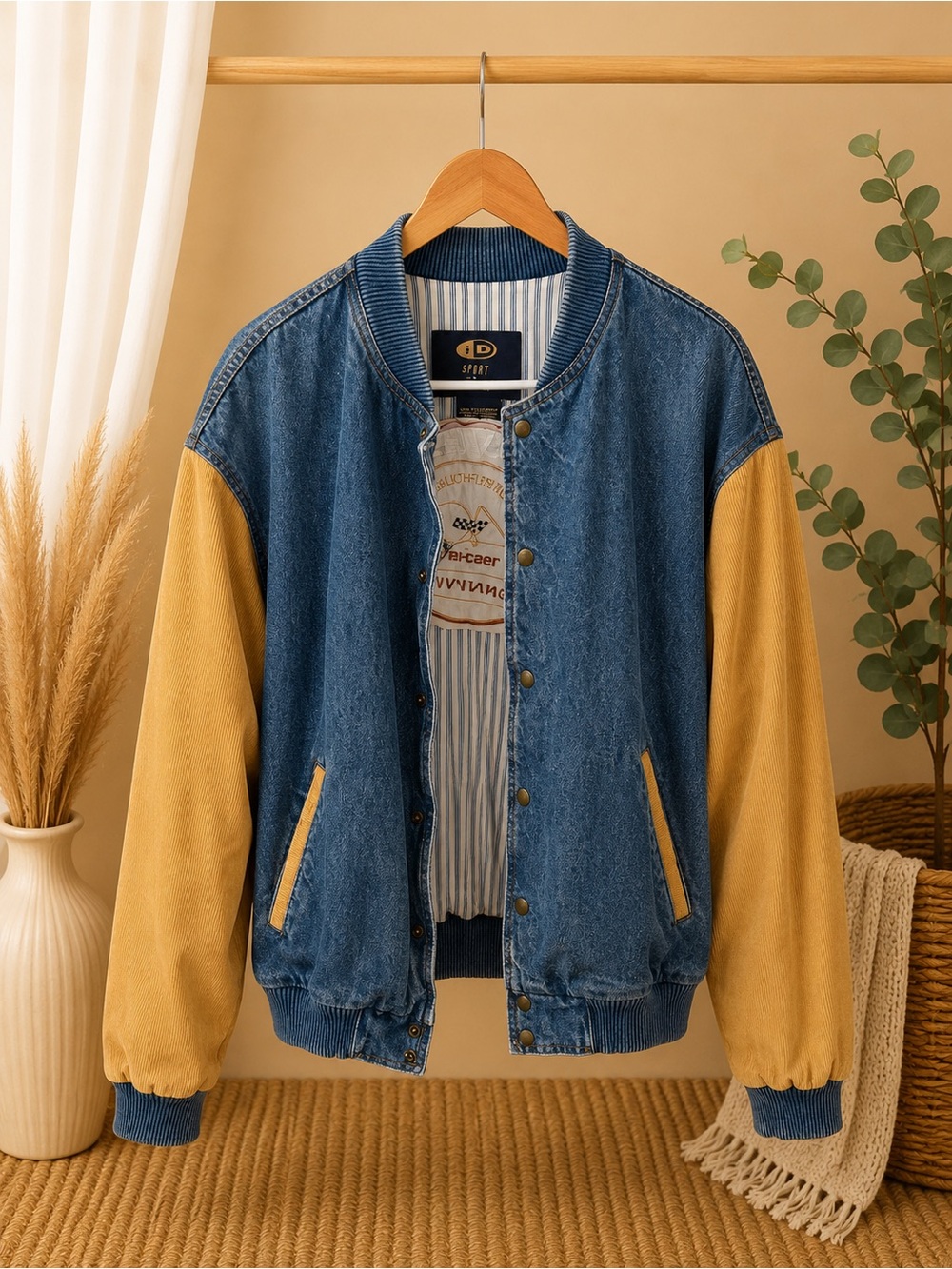 Men's Two-Tone Denim Bomber Jacket - Blue & Mustard